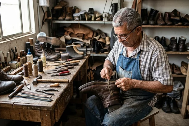 Sapateiro consertando zíper de bota em Altamira, PA.