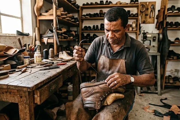 Sapateiro costurando calçado em Altamira, PA.